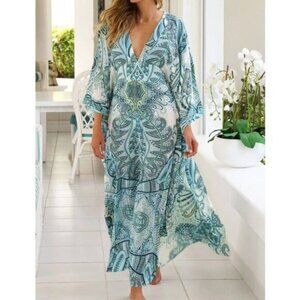 Melissa Odabash Gabriella Mirage Kaftan Maxi Dress One Size Blue Paisley Resort